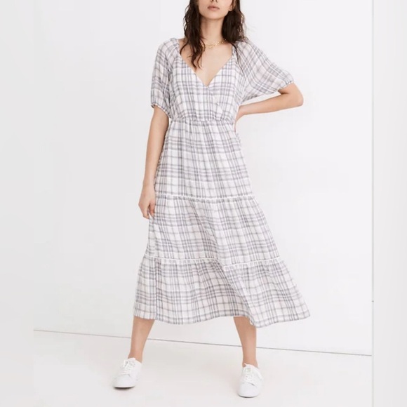 Madewell Dresses & Skirts - Madewell Puff Sleeve Faux Wrap Tiered Midi Dress Plaid Cottagecore